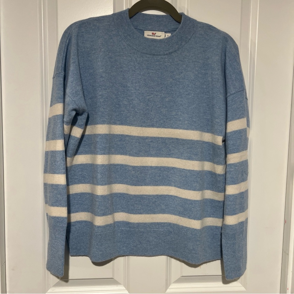 Vineyard Vines 100% Cashmere Light Blue and Cream Striped Crewneck Sweater